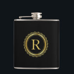 Flasques Élégant Médaillon d'or Monogramme<br><div class="desc">Un élégant médaillon d'or et un monogramme personnalisé que vous pouvez personnaliser avec votre initiale désirée. Montré ici en noir, l'arrière - plan noir peut être changé à la couleur de votre choix. Faites un grand choix de cadeaux pour les anniversaires, la Fête des pères, les groomsmen, Noël et plus...</div>