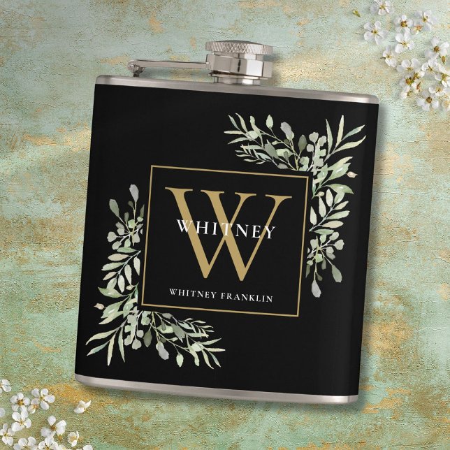 Flasques Élégant Monogramme de Luxe Vert Moderne Noir (Gold Monogram Elegant Modern Greenery Black Flask)