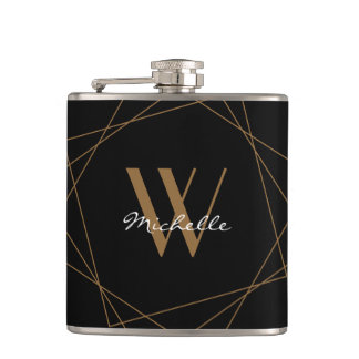 Flasques Élégant Monogramme Motif géométrique Black Gold No