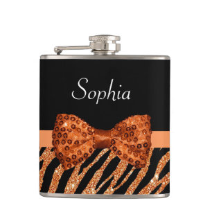 Flasques Élégant Zèbre orange Imprimer FAUX Glitz Bow et no
