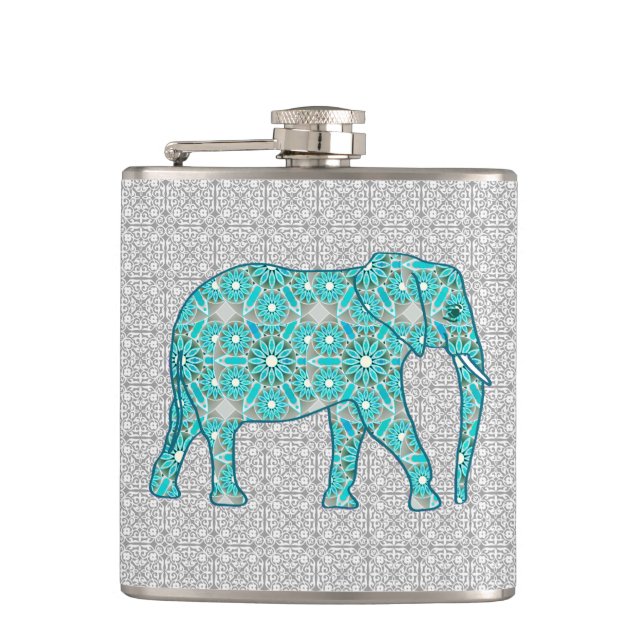 Flasques Éléphant de fleur de mandala - turquoise, gris et (Devant)