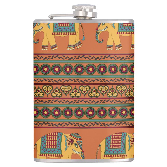 Flasques Eléphants Indiens, Orange Traditionnel Sans Seamle (Devant)