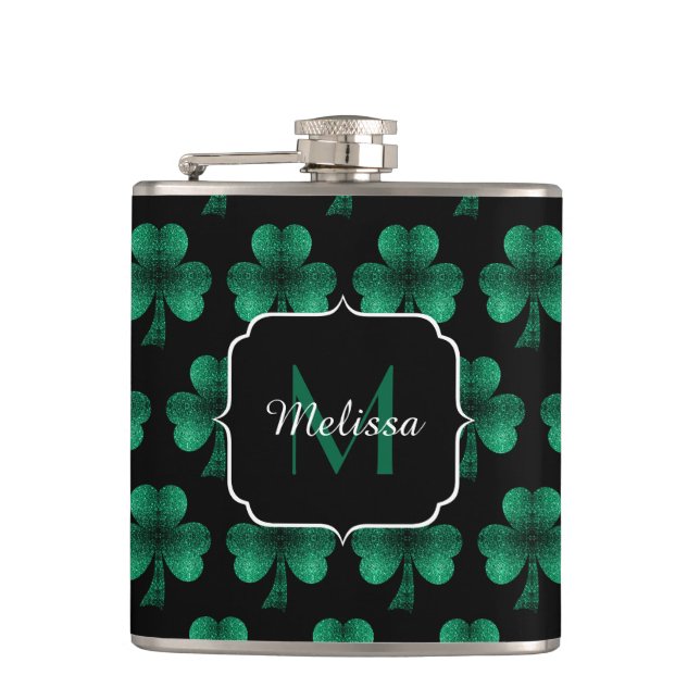 Flasques Emerald Green Sparkle Shamrock noir Monogramme (Devant)