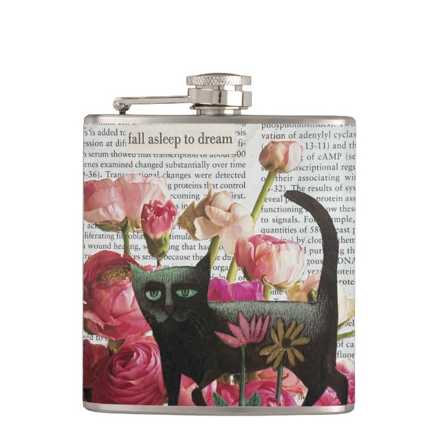 Flasques Endormez-vous pour rêver Chat noir Fleurs roses ch (Devant)