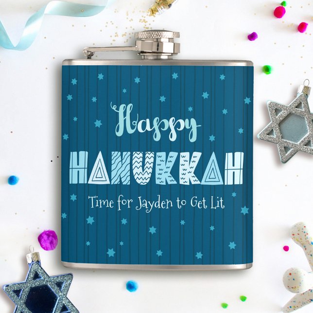 Flasques Étoile de David Nom Fun Hanukkah Joyeux Bleu (Créateur téléchargé)