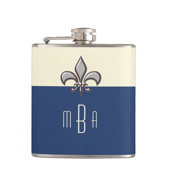 Flasques Faux bleu Metal Fleur de Lis de monogramme (Devant)