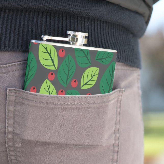 Flasques Feuilles verts, Berries Rouges, Motif Des Feuilles (En situation)
