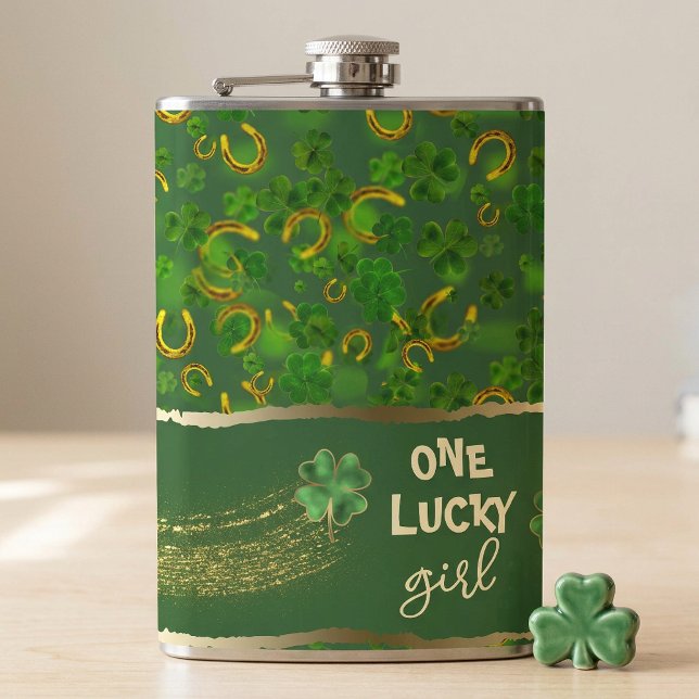 Flasques Fille chanceuse de la Saint-Patrick Vert & Trèfle  (St Patricks Day Lucky Girl Green & Gold Clover Flask)