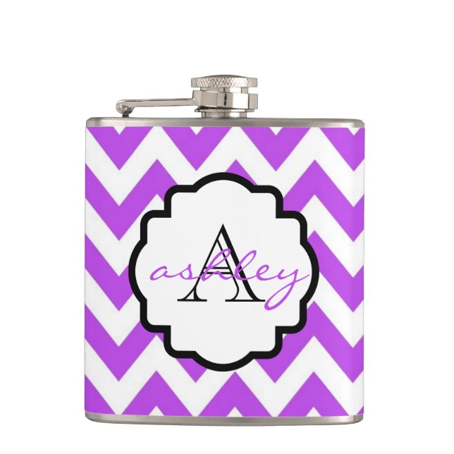 Flasques Fiole de monogramme de Chevron violet et blanc (Devant)