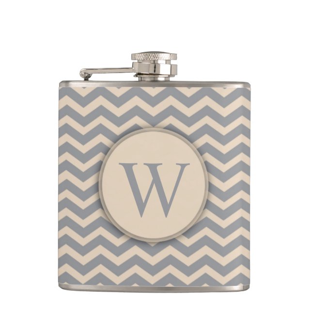 Flasques Fiole de monogramme gris bleu et neutre de Chevron (Devant)