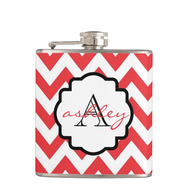 Flasques Fiole de monogramme rouge et blanc Chevron (Devant)