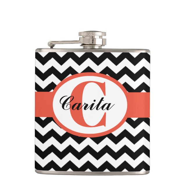Flasques Fiole de vinyle de Chevron noir/blanc monogramme (Devant)