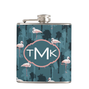 Flasques Flamants roses en pastel sur le monogramme de Teal