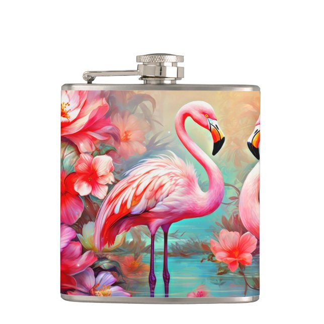 Flasques Flamants roses roses dans un lac avec fleurs-20231 (Devant)