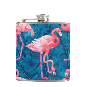 Flasques Flamants roses sur feuilles de bananes bleues