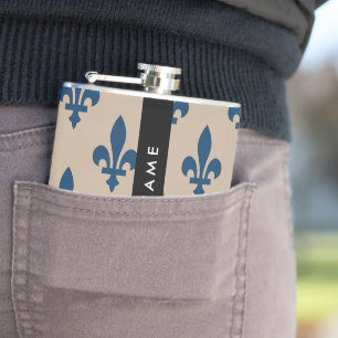 Flasques Fleur de Lis, Bleu Marine sur Beige, Royal, Votre 