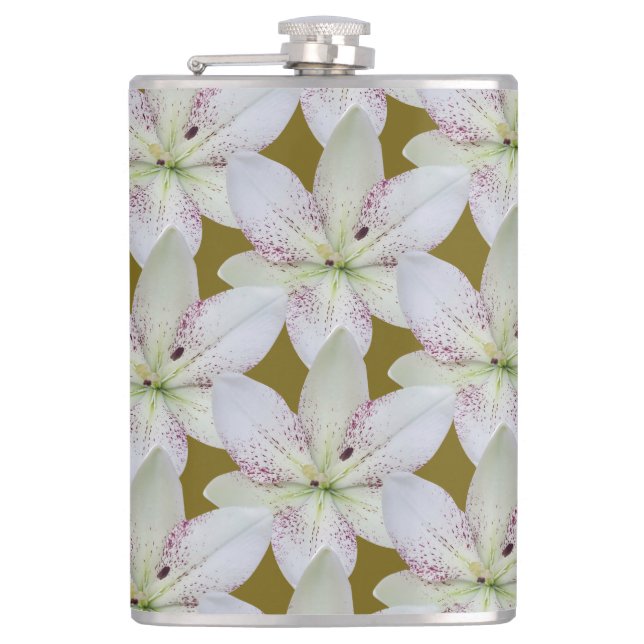 Flasques Fleur de lys blanche rayée dorée, Nom personnalisé (Devant)