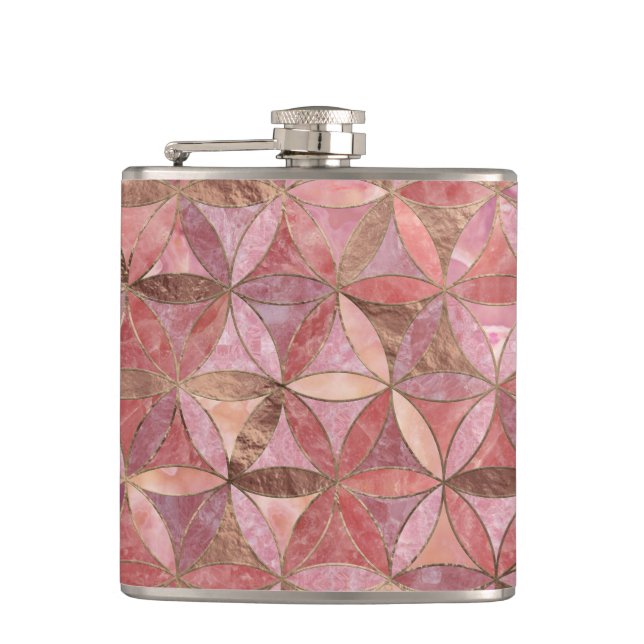 Flasques Fleur de motif de la vie - quartz rose et or (Devant)