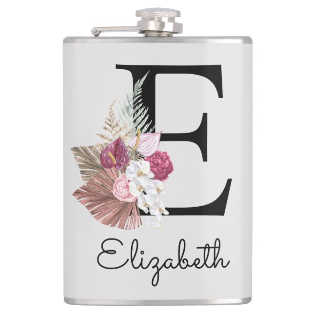 Flasques Fleur rose bohème personnalisée avec l'initiale E (Devant)