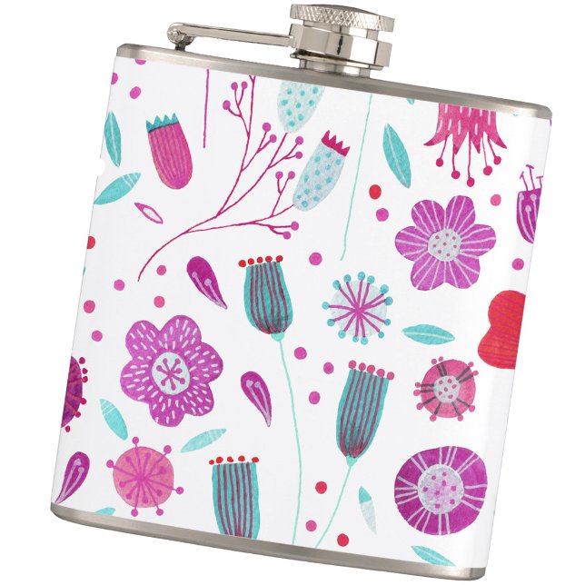 Flasques Fleur sauvage d'aquarelle florale (Magenta pink and turquoise blue green floral watercolor hip flask)