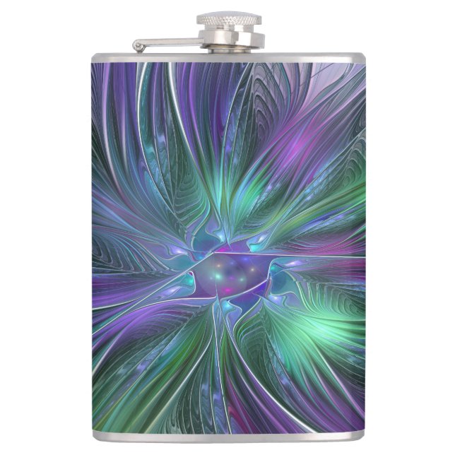 Flasques Fleur verte abstraite moderne d'art fractal violet (Devant)