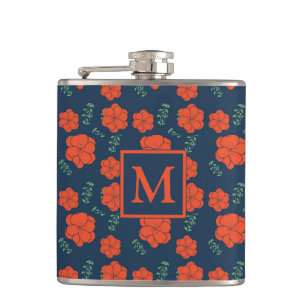 Flasques Fleurs rouges Motif Monogramme bleu foncé