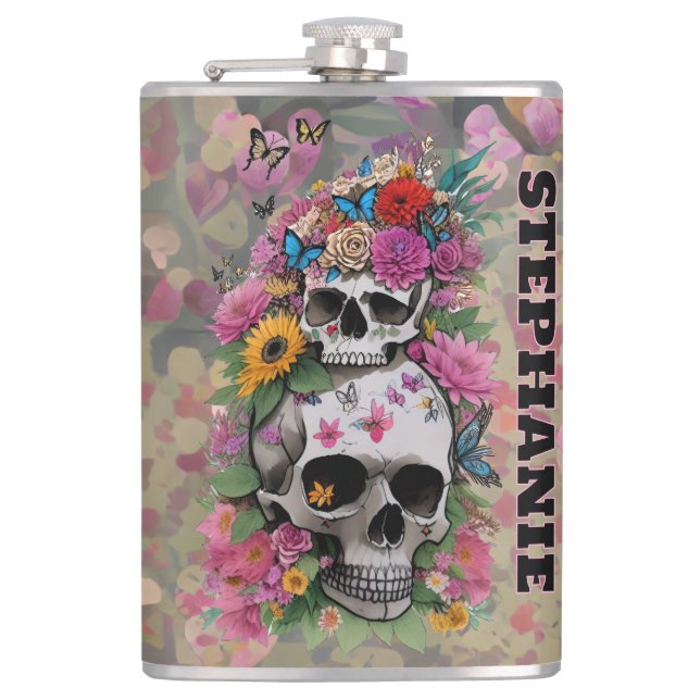 Flasques Floral Skulls Leopard Print Customizable Name (Devant)