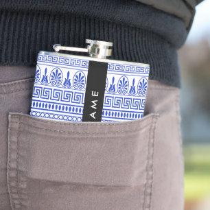 Flasques Fret grec, Clé de méandre mixte, Bleu, Votre Nom