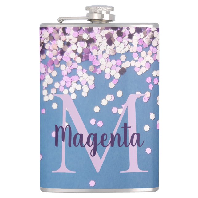 Flasques Fun Monogram Lavender Confetti sur bleu (Devant)