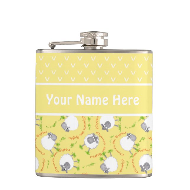 Flasques Fun Yellow and White Custom Hip Flask, Comic Sheep (Devant)