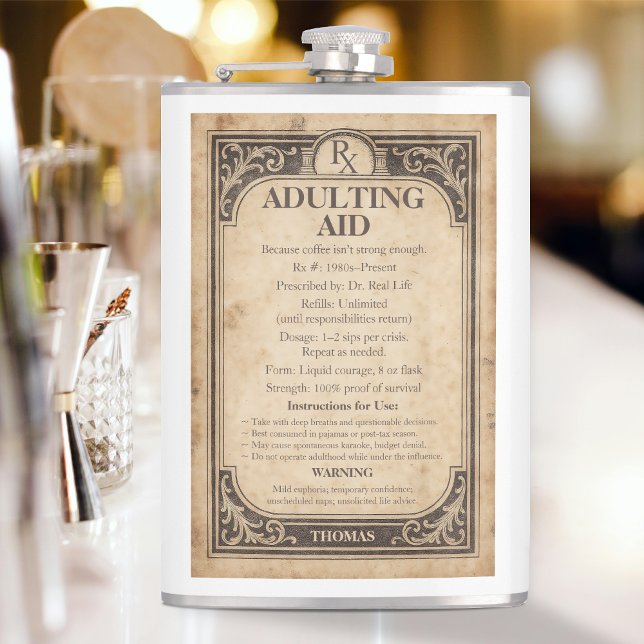 Flasques Funny Vintage Prescription Bottle Adulting Aid Rx (Funny Rx Prescription flask)
