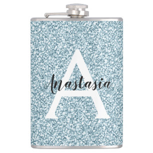 Flasques Glam Bleu Argent Paillettes Monogramme Nom