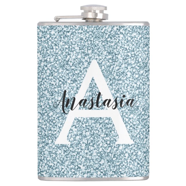 Flasques Glam Bleu Argent Paillettes Monogramme Nom (Devant)