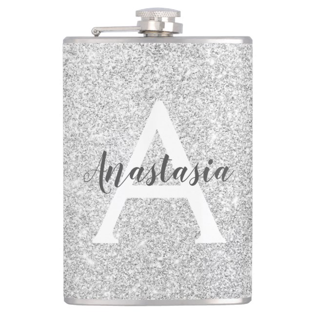 Flasques Glamour Féminin Argent Paillettes Monogramme Nom (Devant)