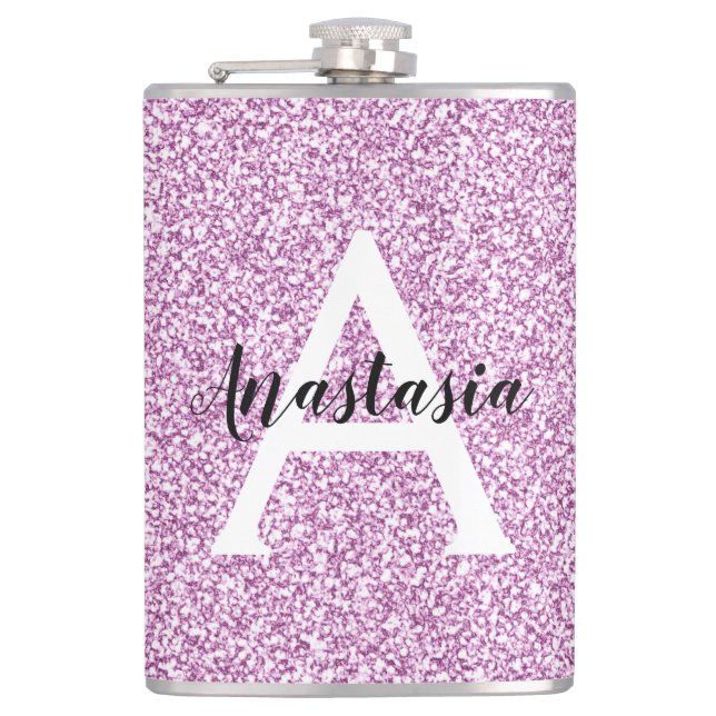 Flasques Glamour Féminin Violet Paillettes Monogramme Nom (Devant)
