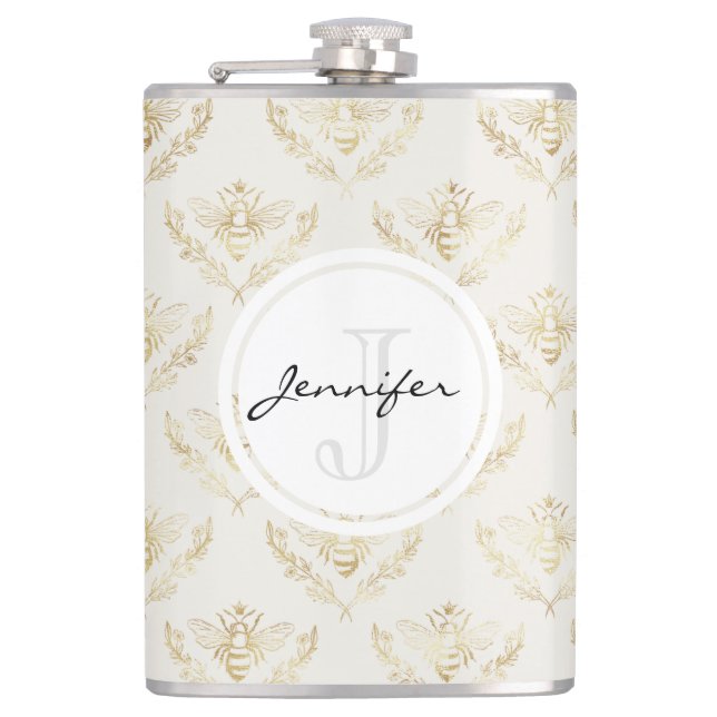 Flasques Golden Bumble Bee avec un monogramme Motif de la C (Devant)