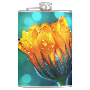 Flasques Golden Marigold sur Turquoise Bokeh