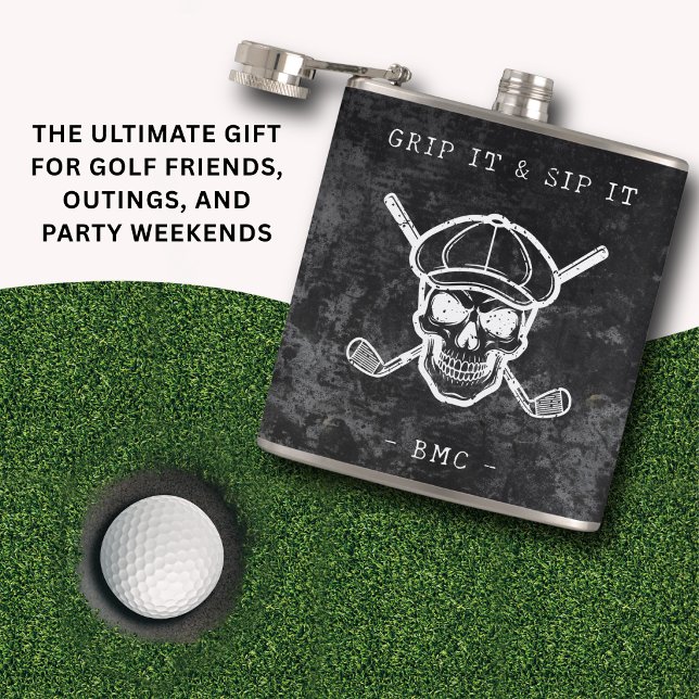Flasques  Golf Humor Grip It Sip It Custom Initials Black (Grip it, sip it—golf humor with edge.)