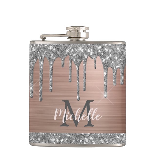 Flasques Gouttes de paillettes argentées sur monogramme en  (Devant)