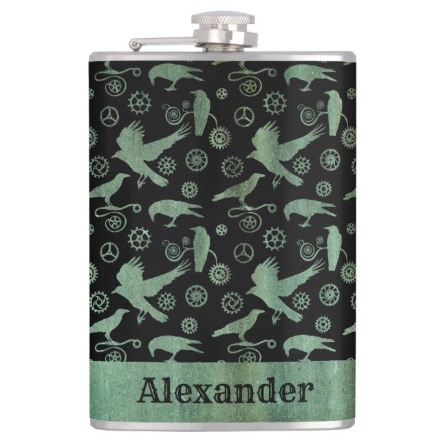 Flasques Grand Steampunk Verdigris engrenages et corbeaux s (Devant)