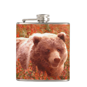 Flasques Grizzly Bear Cub dans Fireweed Peinture Art de la