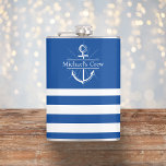 Flasques Groom Crew Navy Blue Bachelor Party Gift Keepsake<br><div class="desc">This personalized flask is the perfect gift for the groom and his guests at a bachelor weekend by the coast. It features a navy and white color scheme, with a coastal design that includes the name of the groom. Made of high-quality stainless steel, this flask is durable and built to...</div>