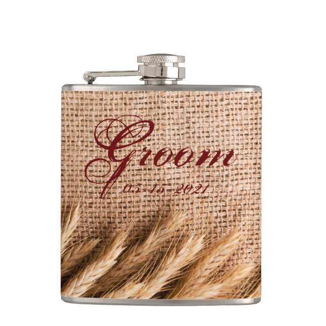 Flasques Groom Whiskey Flask Blé sur Burlap Sack Country R (Devant)