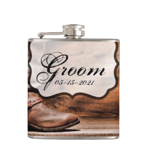 Flasques Groom Whiskey Flask Cowboy Bottes Barn Wood Russe