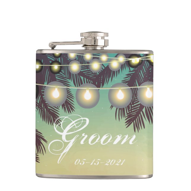 Flasques Groom Whiskey Flask Plage Coucher de soleil Palmie (Devant)