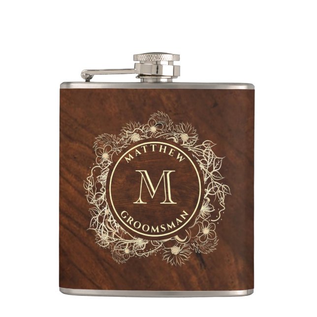 Flasques Groomsman de monogramme d'or rustique (Devant)
