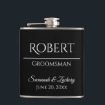 Flasques Groomsman Liquor Flask Wedding Favor Cadeau<br><div class="desc">Cette fiole est la façon parfaite de remercier vos groomsmen, les membres de la fête de mariage ou d'autres invités spéciaux. Le texte est entièrement personnalisable avec un endroit pour entrer le nom du marié, le titre (Groomsman, Best Man, Père de la Mariée, etc.) le nom du couple mariage, et...</div>