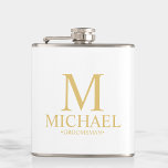 Flasques Groomsman personnalisé classique blanc et or<br><div class="desc">Cadeaux de Groomsman Personnalisés Blanc et Or Classique avec monogramme personnalisé, nom et titre de groomsman en style de police serif classique or. Aussi parfait pour Best Man, Père de la Mariée et plus. Remarque : Les détails du papier sont simulés dans l'illustration. Il n'y aura pas de métal sur...</div>
