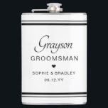 Flasques Groomsman Personnalisé Mariage Party<br><div class="desc">Groomsman Custom Personnalisé Nom de mariage Flamme de fête présente le nom du marié avec les noms du couple nuptial et la date mariage accentuée d'un petit coeur d'amour. Sur mesure pour le toiletteur. Conçu par ©2024 Evco Studio www.zazzle.com/store/evcostudio</div>