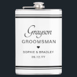 Flasques Groomsman Personnalisé Mariage Party<br><div class="desc">Groomsman Custom Personnalisé Nom de mariage Flamme de fête présente le nom du marié avec les noms du couple nuptial et la date mariage accentuée d'un petit coeur d'amour. Sur mesure pour le toiletteur. Conçu par ©2024 Evco Studio www.zazzle.com/store/evcostudio</div>